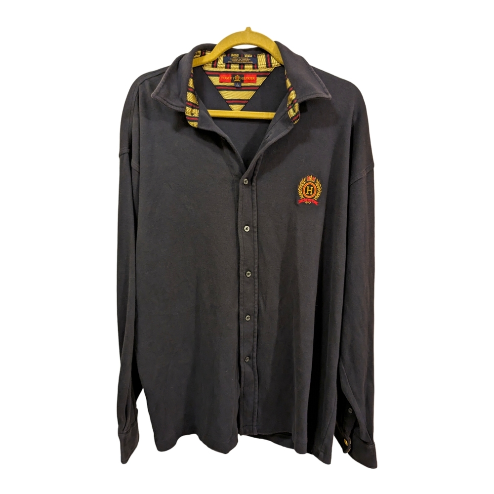 Tommy Hilfiger Men's Vintage Navy Button Down Shirt in a Lux Cotton Size Large
